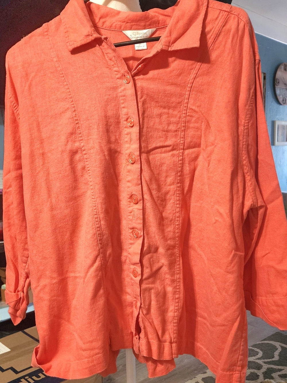 CJ Banks Coral-Orange Long Sleeve Button Front Top Sz 1X